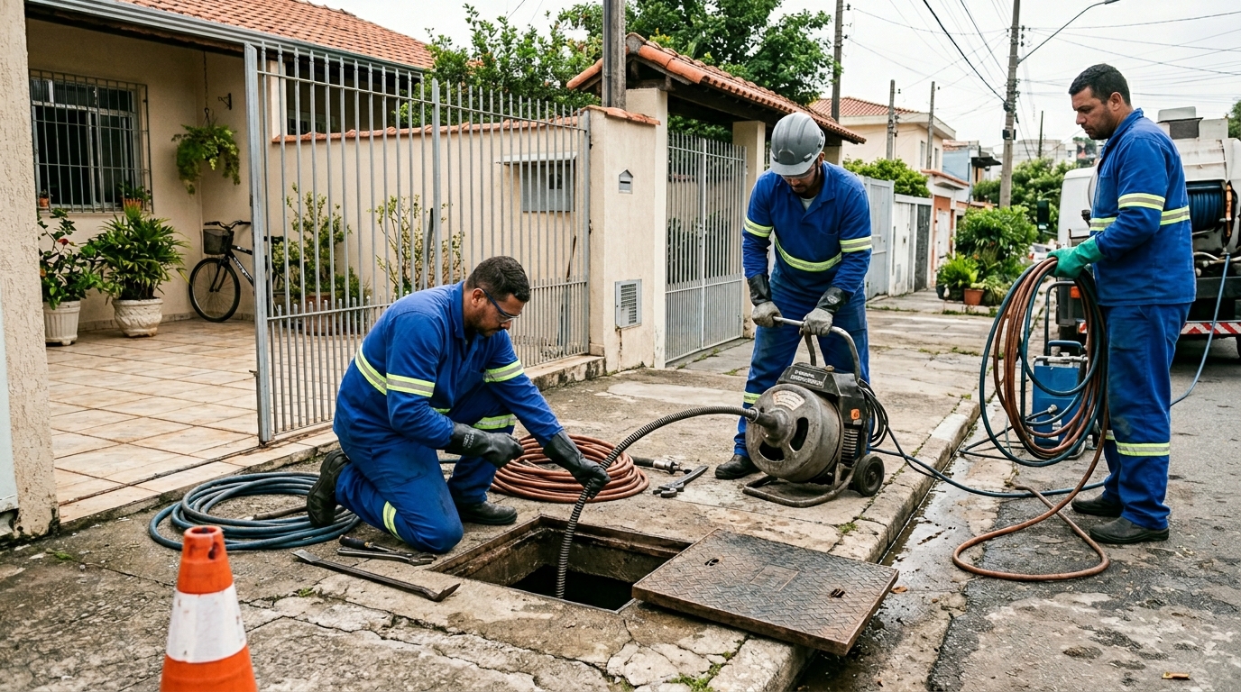 Equipe de desentupimento de esgoto em João Pessoa-PB
